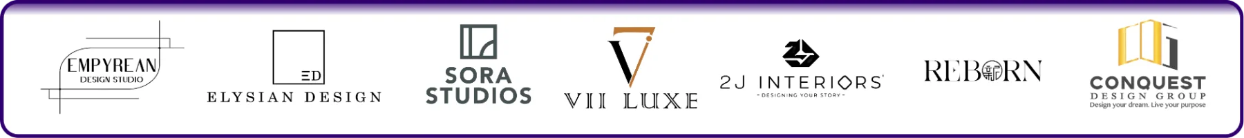 Logos of participating ID firms: Empyrean Design Studio, Elysian Design, Sora Studios, VII Luxe, 2J Interiors, Reborn, Conquest Design Group