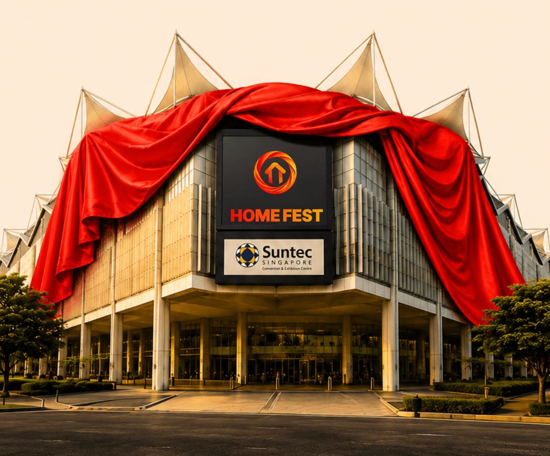 Suntec Convention Centre wrapped in the red HomeFest reveal with the HomeFest and Suntec signage